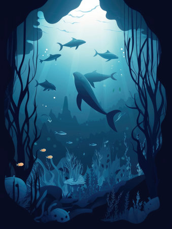 An underwater world of mysterious creatures contrasts with the captivating blues of the ocean.. AI generationの素材