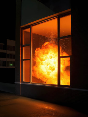 An orange fireball exploding from a window of a burning building.. AI generationの素材