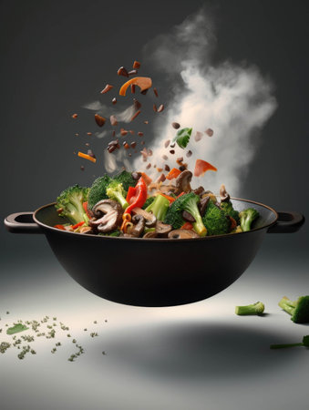 A savory skillet of beef and veggie stirfry with aromatic es floating in the air.. AI generationの素材