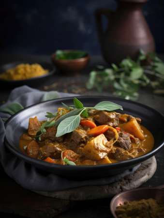 A dish of steaming beef and vegetable curry fragrant with curry leaves and fresh herbs.. AI generationの素材