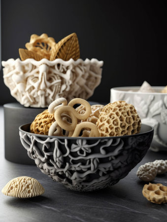 Artful 3D printed snacks printed with intricate patterns and delicate details that tantalize the taste buds.. AI generationの素材