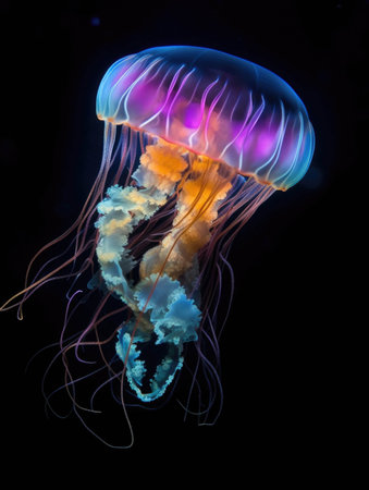 An iridescent jellyfish floats gracefully beyond the world of light.. AI generationの素材