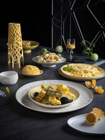 A full circle of 3D printed dishes from cheese and crackers to main courses all with dazzling visuals.. AI generationの素材