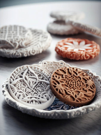 Artful 3D printed snacks printed with intricate patterns and delicate details that tantalize the taste buds.. AI generationの素材
