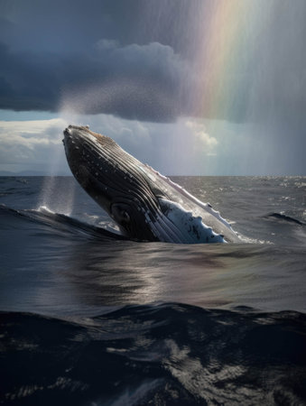 A whale breaching the deep seas surface a rainbow of light reflecting off its body.. AI generationの素材