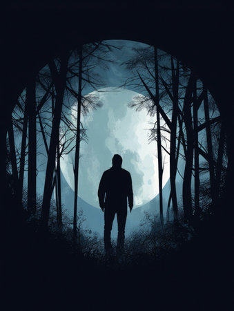 A faceless figure in silhouette walking through a forest their eyes reflecting the light of the moon.. AI generationの素材