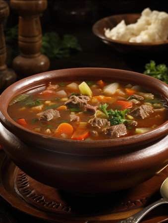 An overflowing bowl of hearty beef and veggie soup with steam radiating from its flavorful broth.. AI generationの素材