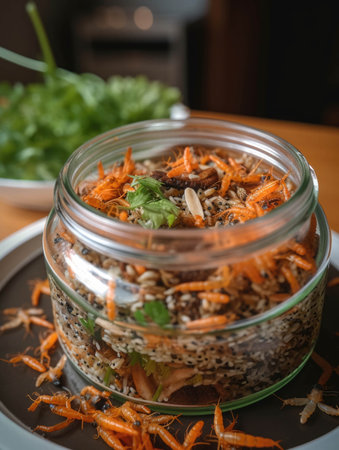 A jar of speckled mealworms nestled atop a platter of vegetables. AI generationの素材