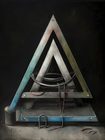 Three nuts and bolts connected together in a triangle with an inverted pyramid drawn in chalk behind them.. AI generationの素材