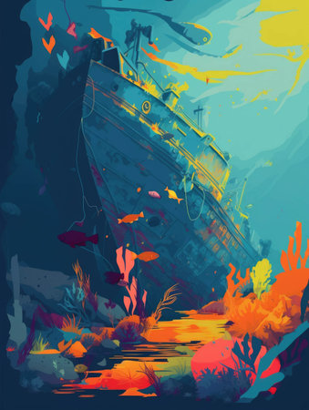 An underwater view of a vibrant shipwreck.. AI generationの素材