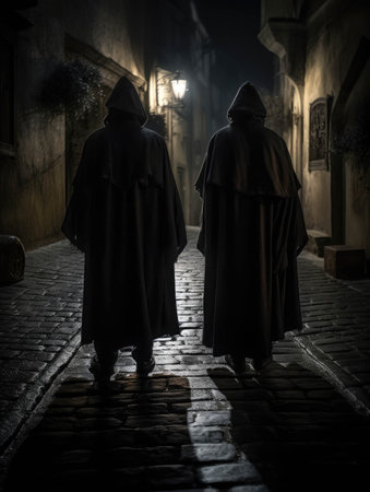 Cloaked figures stand at the crossroads of two cobblestone paths the darkness their only shield from the prying eyes.. AI generationの素材