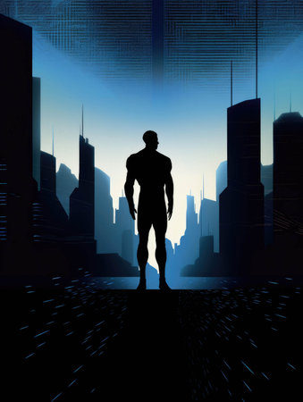 A dark figure silhouetted against a futuristic skyline hinting at the potential of transhumanism to create a new world order.. AI generationの素材