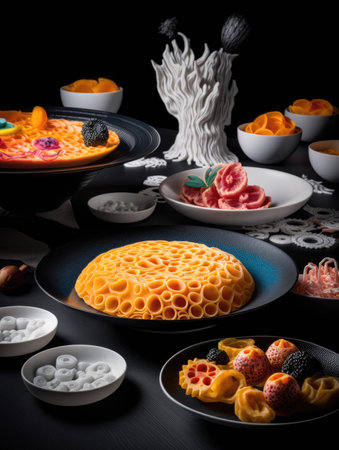 A full circle of 3D printed dishes from cheese and crackers to main courses all with dazzling visuals.. AI generationの素材
