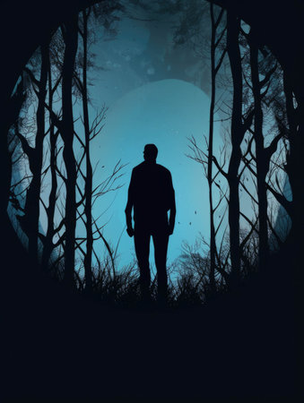 A faceless figure in silhouette walking through a forest their eyes reflecting the light of the moon.. AI generationの素材