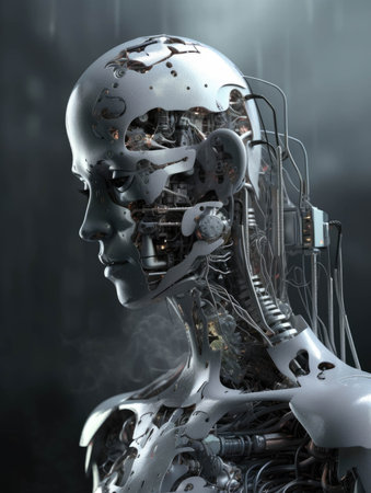 A hybrid being with metal and electrical components raising awareness on transhumanism.. AI generationの素材