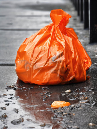 A sharp tear in an orange trash bag spilling its contents out onto the pavement.. AI generationの素材