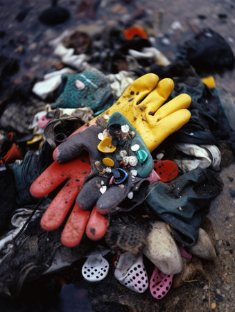 A small childâs gloves lying forgotten on top of a heap of trash.. AI generationの素材