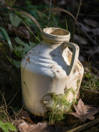 An abandoned milk jug its contents spilled and dried up in a ditch.. AI generationの素材