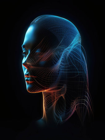 A womanâs face composed of intersecting lines and electromagnetic waves portraying the merging of technology and biology in the movement.. AI generationの素材