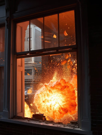 An orange fireball exploding from a window of a burning building.. AI generationの素材