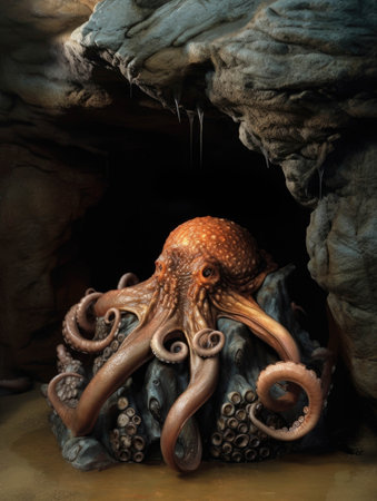 A giant octopus emerging from a cave its tentacles waving lazily in the current.. AI generationの素材