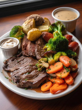 A roasted platter of juicy steak and assorted vegetables served with a savory garlic sauce.. AI generationの素材