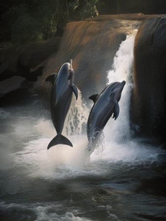 Two dolphins leaping gracefully through a waterfall.. AI generationの素材