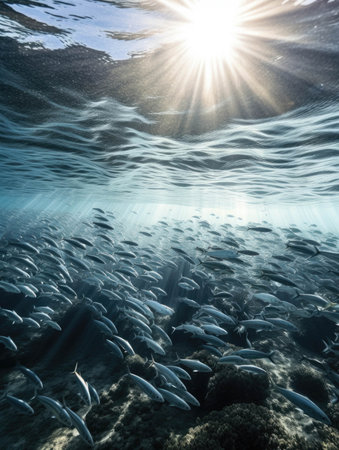 A school of silver fish quivering beneath the sunlight little ripples of light chasing in their wake.. AI generationの素材