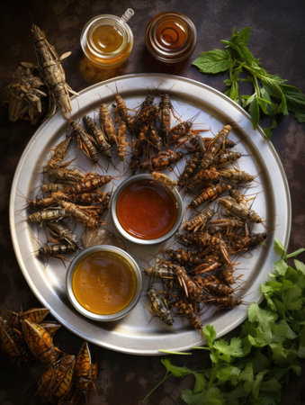 A platter of deepfried grasshoppers surrounded by dipping sauces. AI generationの素材