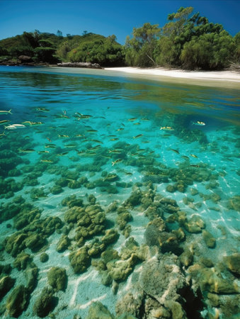 A serene beachside lagoon filled with schools of glittering fish dipping and diving beneath the surface.. AI generationの素材