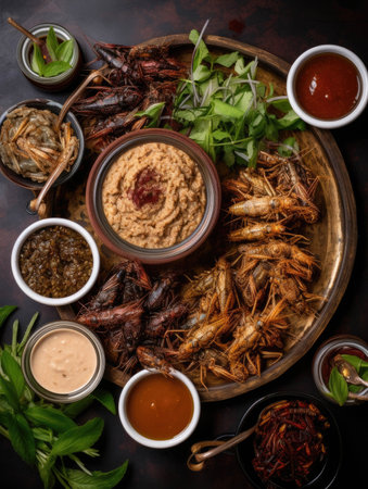 A platter of deepfried grasshoppers surrounded by dipping sauces. AI generationの素材