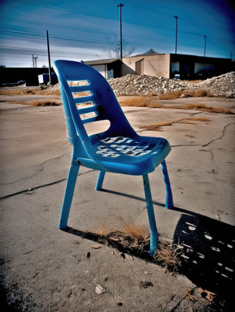 A broken plastic chair in a deserted parking lot.. AI generationの素材