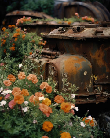 An army of rusty tanks once powerful and dangerous now engulfed by delicate blooms Abandoned landscape. AI generationの素材