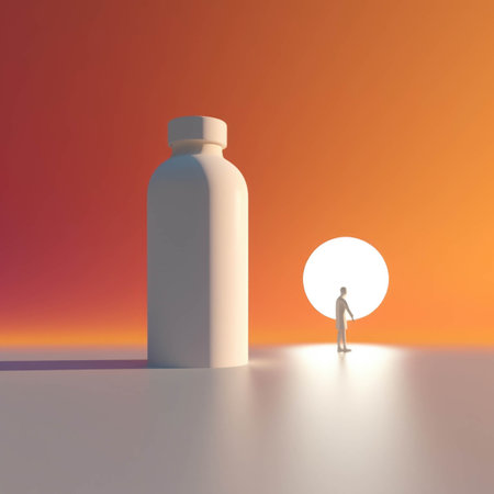 A person walking away from a medication bottle with a rising sun signifying a new day. Psychology emotions concept. AI generationの素材
