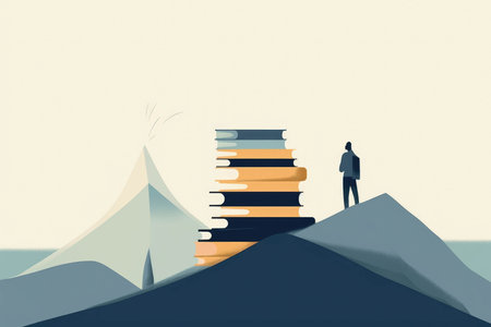 A misty mountain horizon a small figure walking up the side with a stack of books in their arms. Psychology emotions concept. AI generationの素材