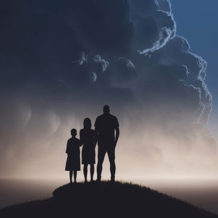 A silhouette of a family standing silently in the midst of a storm looking up towards the sky with deep Psychology emotions concept. AI generationの素材