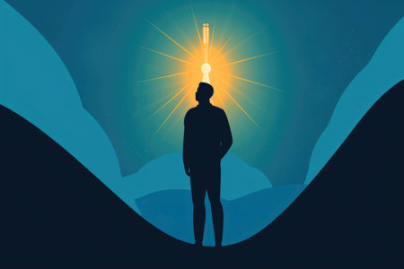 A person looks upwards towards a bright light representing the boundless potential of empowerment through Psychology emotions concept. AI generationの素材
