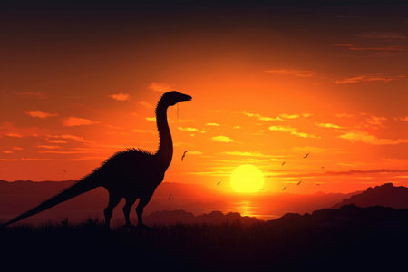 A Gigantoraptor drifts on a distant horizon outlined by a setting sun.. AI generationの素材