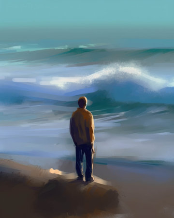 A person standing on a beach looking out over the waves and feeling a sense of connection to soing larger Psychology emotions concept. AI generationの素材