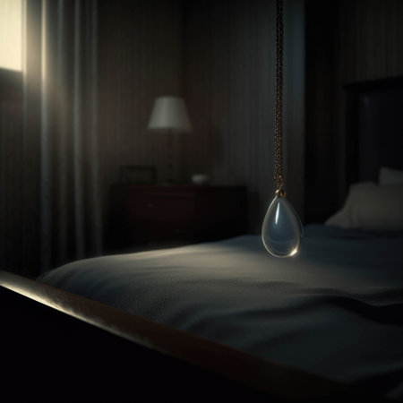 An empty bed looms in a darkened room a single tearshaped locket the only reminder that someone was once Psychology emotions concept. AI generationの素材
