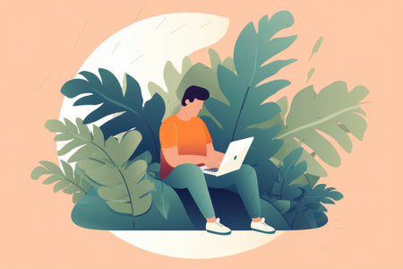 A person comfortably curled up with a laptop or tablet typing or gaming away in their own little oasis Psychology emotions concept. AI generationの素材