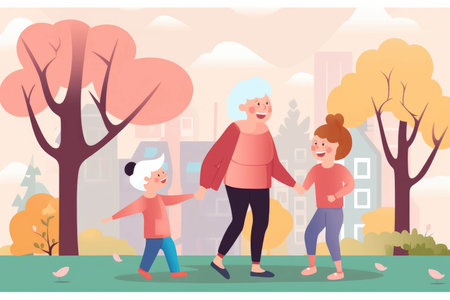 Two smiling friends one a child and one elderly woman walking together in a park. Psychology emotions concept. AI generationの素材