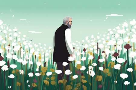 A scientist standing in a field of freshly blooming wildflowers feeling inspired Psychology emotions concept. AI generationの素材