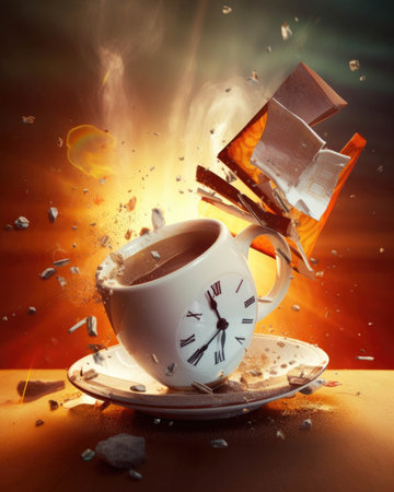 A coffee cup spilling out energy an alarm clock blaring the start of a new day. Psychology emotions concept. AI generationの素材