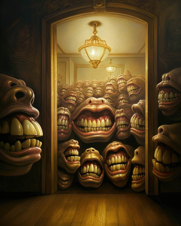 A goldtoothed smile beaming over a room full of horrified and individuals. Psychology emotions concept. AI generationの素材