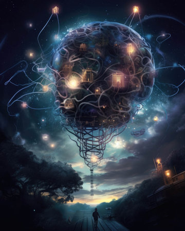A teenage brain with pathways lit up like the night sky showcasing the vast universe of knowledge being Psychology emotions concept. AI generationの素材