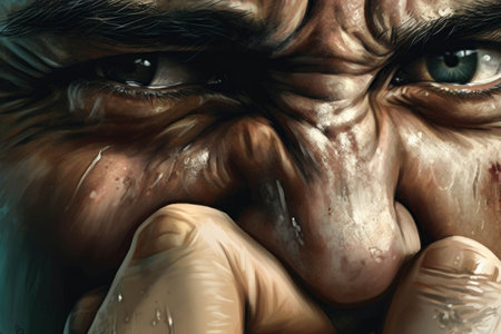 A closeup of somebodys clenched fists with a single tear rolling down the cheek. Psychology emotions concept. AI generationの素材