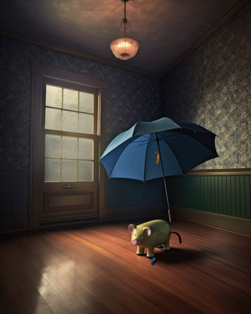 An umbrella with a dollar sign on it perched next to a piggy bank in an otherwise empty house.. AI generationの素材