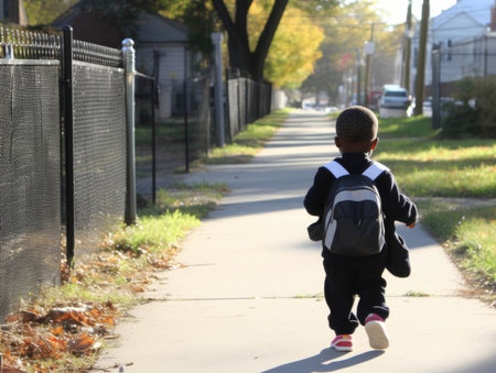A student with a backpack and lunch bag walking to school highlighting the disparities in transportation options between wealthy and. AI generationの素材
