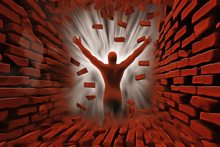 Breaking through boundaries an image of a person jumping through a wall of red bricks arms stretched wide Psychology emotions concept. AI generationの素材